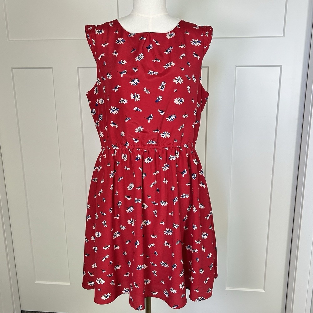 Charming Charlie Red Floral Print Sun Dress LARGE Sleeveless Dress Casual Summer